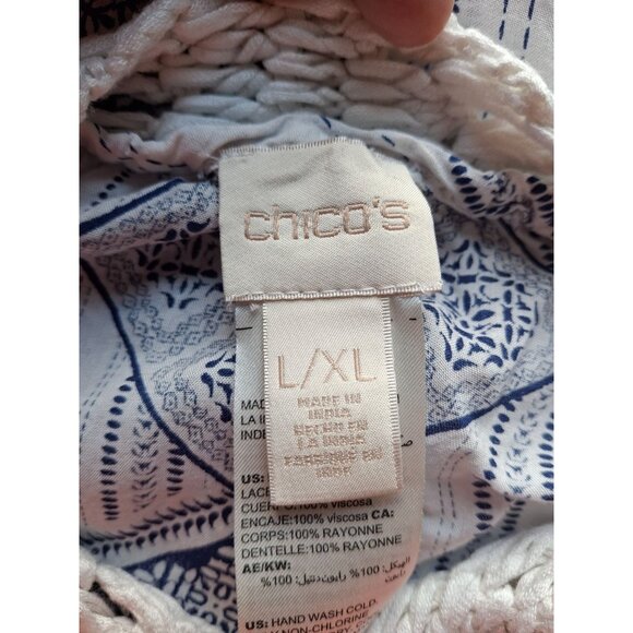 Chicos Crochet Trim Pullover Tunic Poncho Tassels Women's XL Blue White Boho - Picture 4 of 8